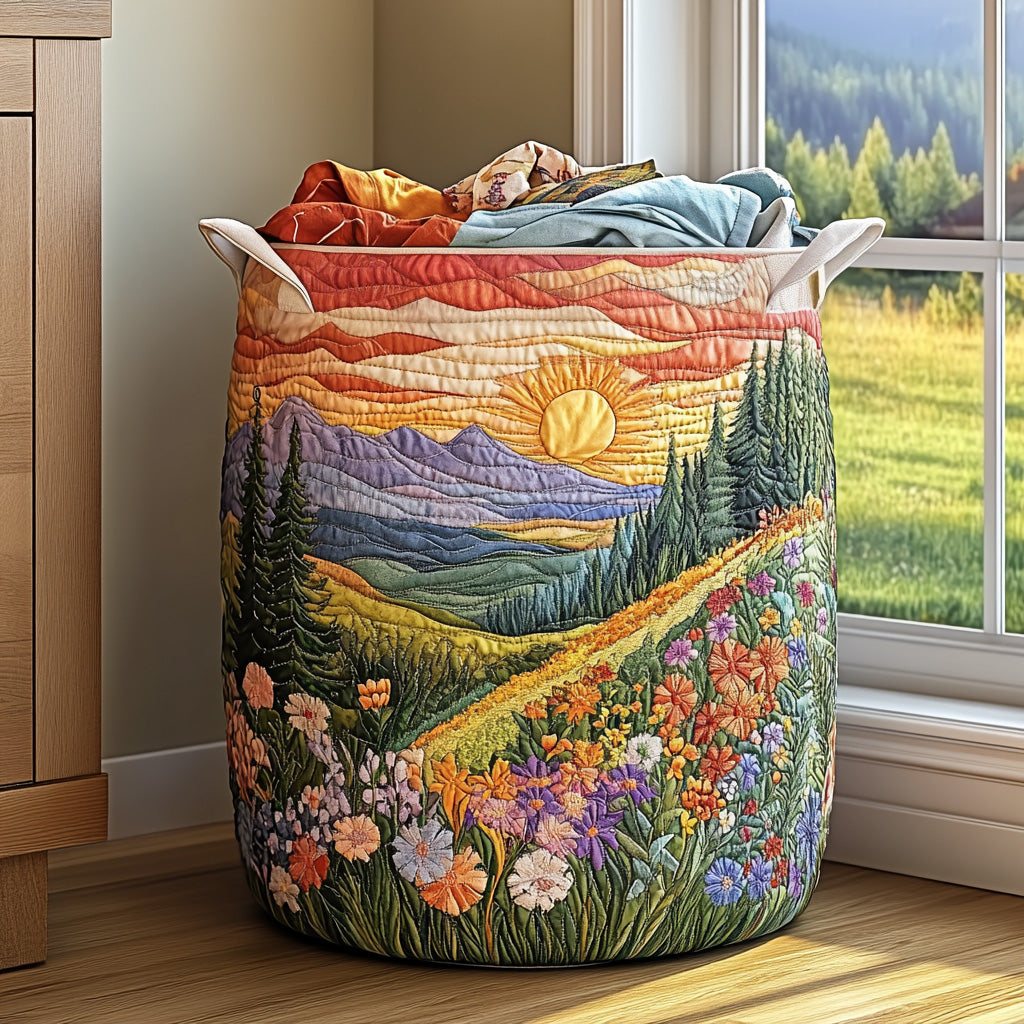 Morning Glory quilted laundry basket, a stylish fabric storage solution for bedroom or bathroom organization.