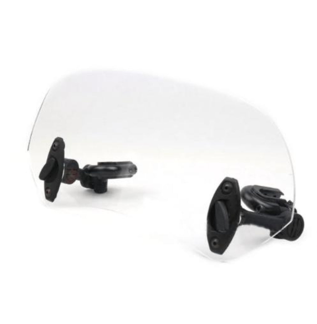 Motorcycle windshield extension for enhanced wind protection and riding comfort, smoke glass finish.