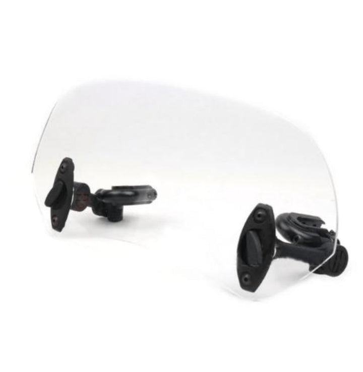 Motorcycle windshield extension for enhanced wind protection and riding comfort, smoke glass finish.