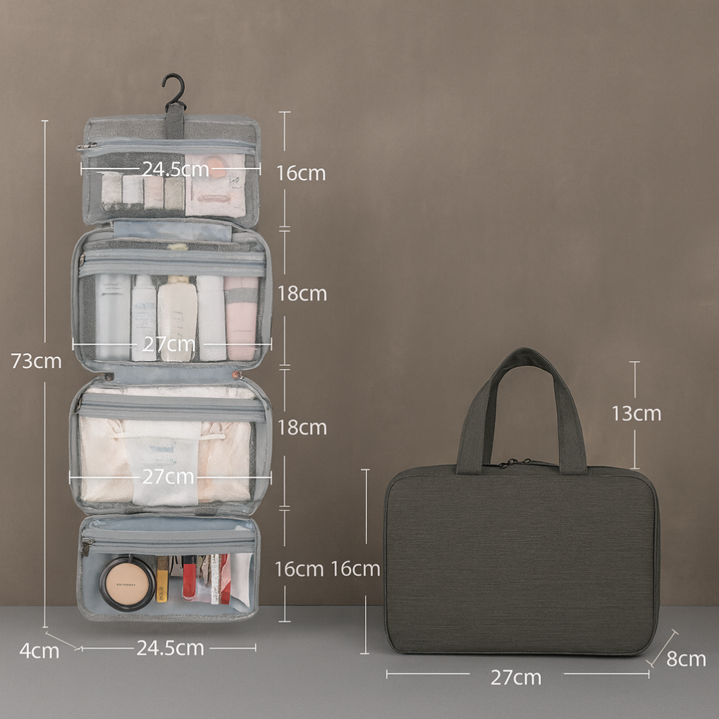 Multi-compartment waterproof travel toiletry organizer bag with hanging hook