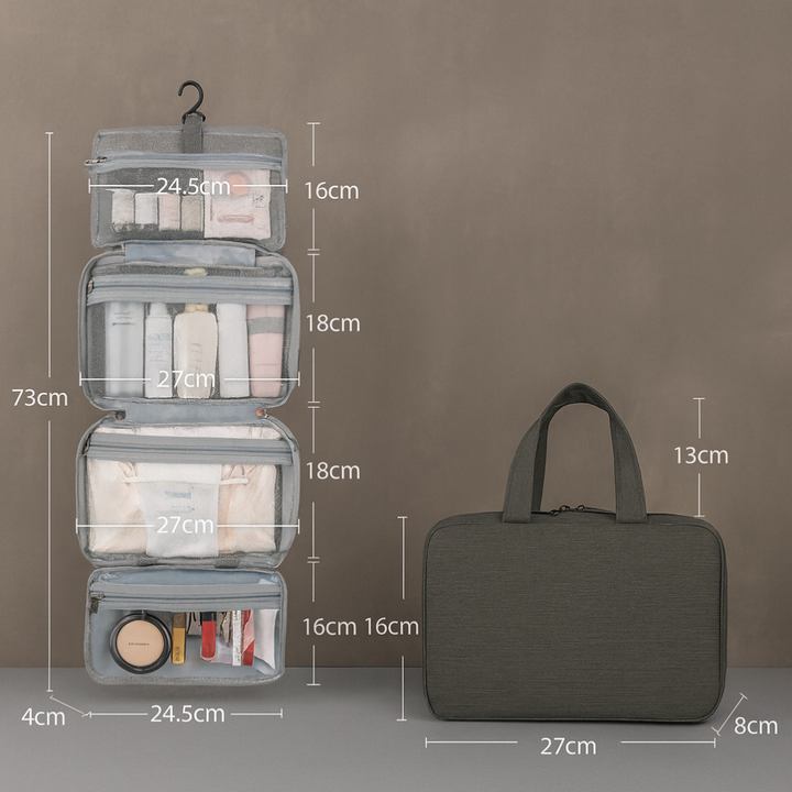 Multi-compartment waterproof travel toiletry organizer bag with hanging hook