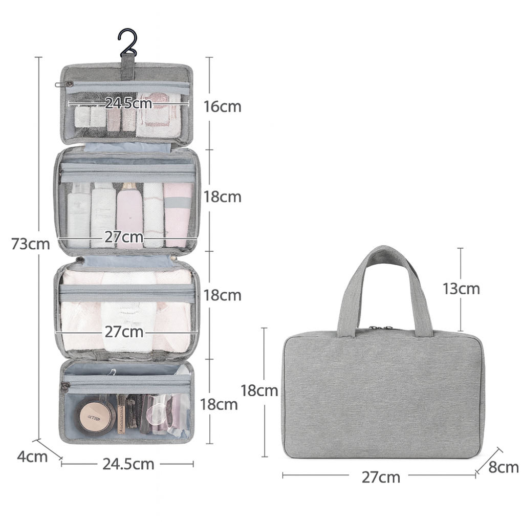 Spacious hanging toiletry bag for travel, makeup, and bathroom organization