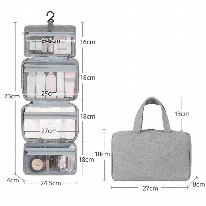 Spacious hanging toiletry bag for travel, makeup, and bathroom organization