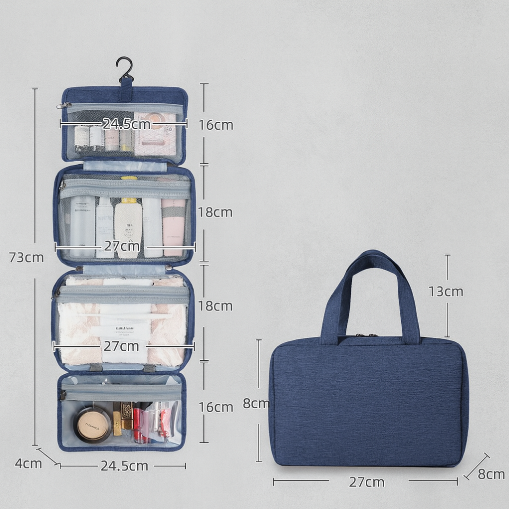 Durable, waterproof cosmetic bag with multiple compartments for travel essentials