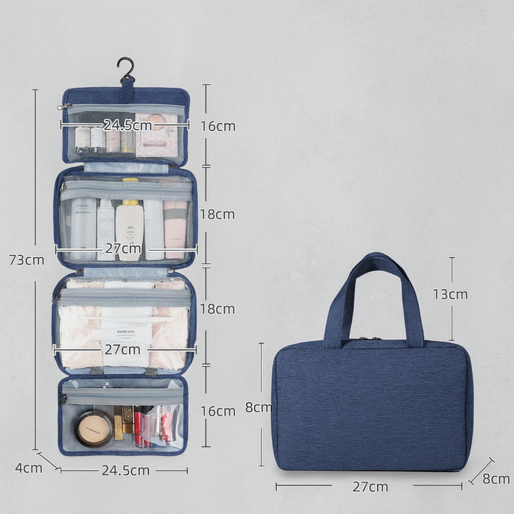 Durable, waterproof cosmetic bag with multiple compartments for travel essentials