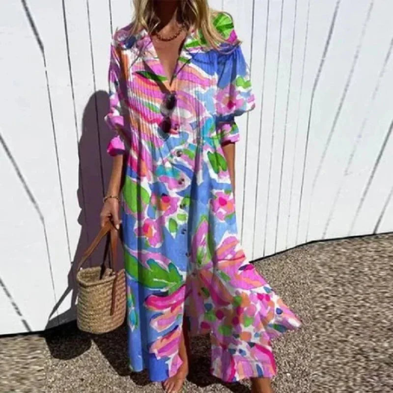 Elegant women's sleeveless bohemian maxi dress, multicolor flowy design, ideal for beachwear, vacation, and comfort.