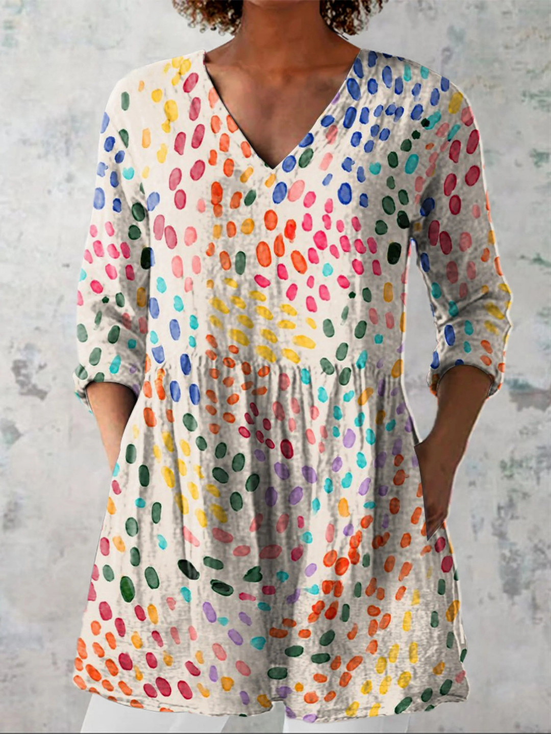 Multicolor Women's Long V-Neck Flowy Blouse. Elegant & casual tunic top for summer/spring, relaxed fit.