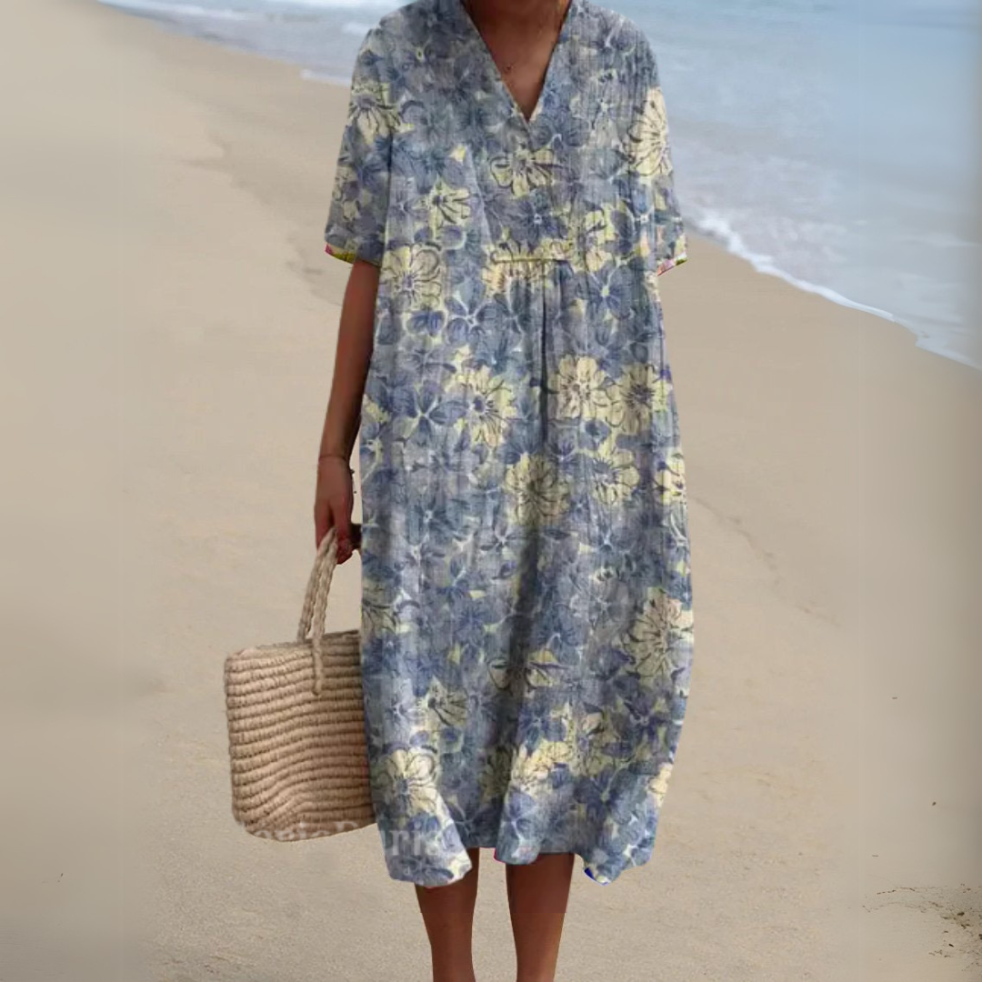 Eye-catching multicolour V-neck maxi dress for women, designed for summer comfort.