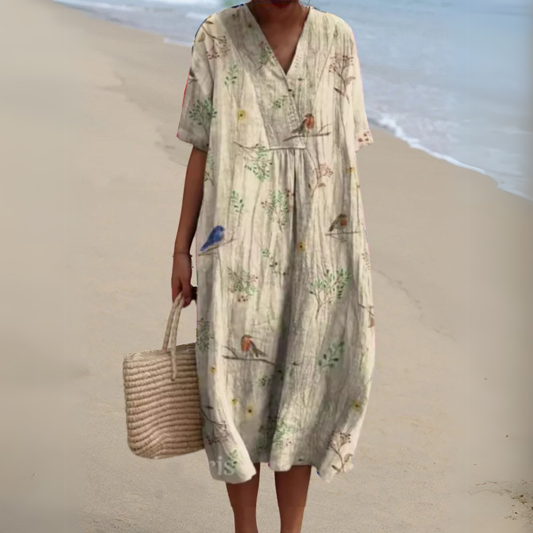 Flowy multicolour V-neck maxi dress, women's vibrant summer casual wear.