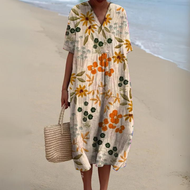 Multicolour floral V-neck maxi dress, a comfortable and stylish women's summer outfit.