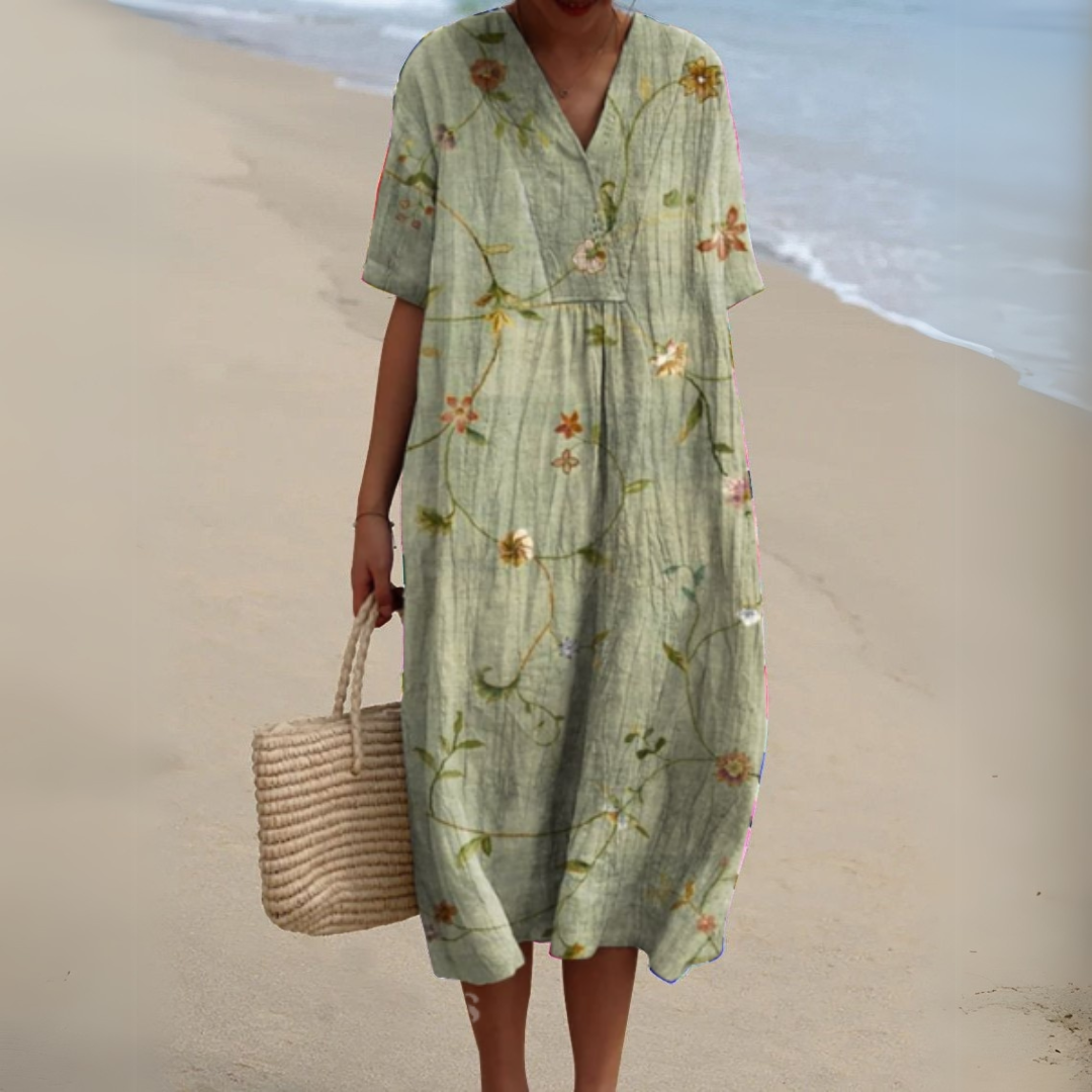 Women's comfortable multicolour V-neck maxi dress, perfect for summer days.