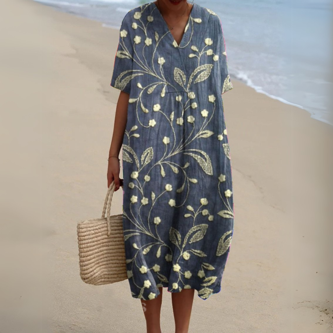 Floral multicolour V-neck maxi dress, women's flowy and comfortable summer attire.