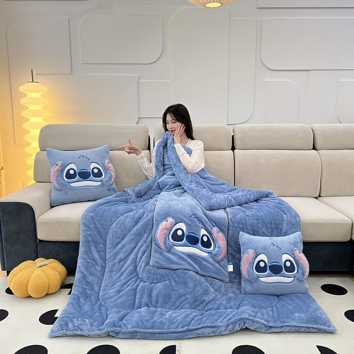 Multifunctional blue alien character Stitch plush 2-in-1 cushion and blanket for cozy comfort & home decor.
