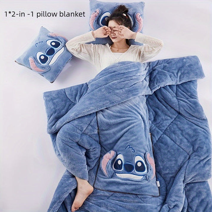Multifunctional blue Stitch alien character cushion that transforms into a travel blanket, ideal for coziness.