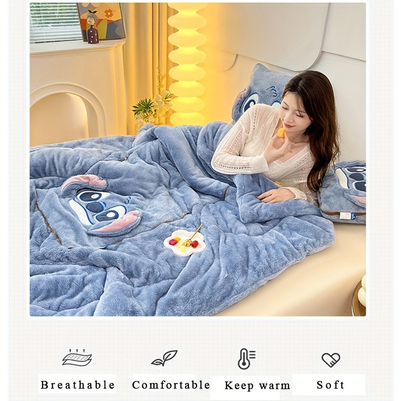 Cute blue Stitch alien character throw blanket and cushion, adding comfort and fun home decor to any room.