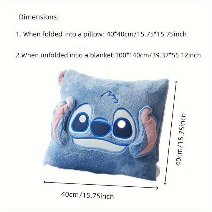 Cozy blue Stitch alien character plush that serves as both a soft decorative cushion and a warm comfort blanket.