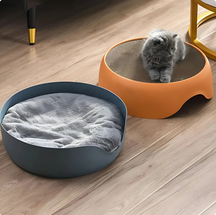 Modern cat furniture: a pet lounge with durable cat scratcher & soft sleeping area.