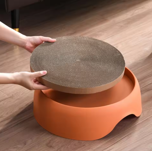 Premium pet supplies: a modern cat bed, scratcher, and pet lounge for happy cats.