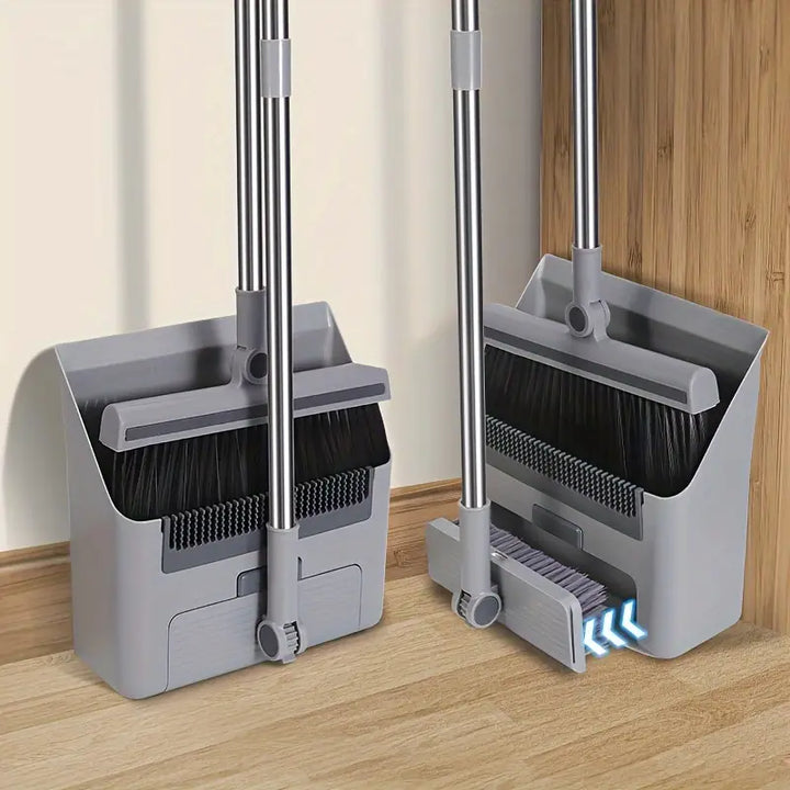 Compact broom & dustpan set for home organization & efficient floor cleaning of various surfaces.
