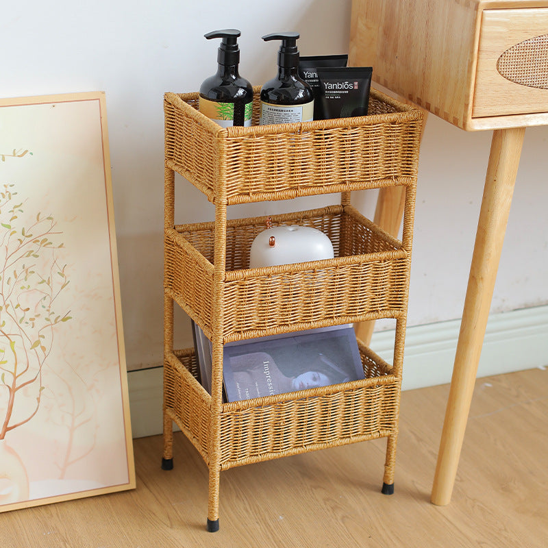 Natural 3-tier woven storage rack with baskets, a versatile home organizer for kitchens, living rooms, and more.