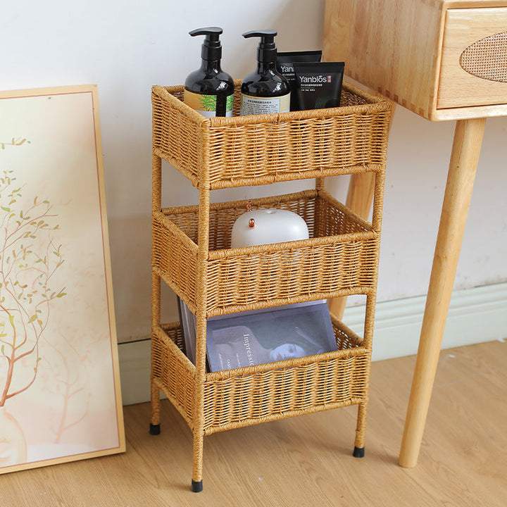 Natural 3-tier woven storage rack with baskets, a versatile home organizer for kitchens, living rooms, and more.