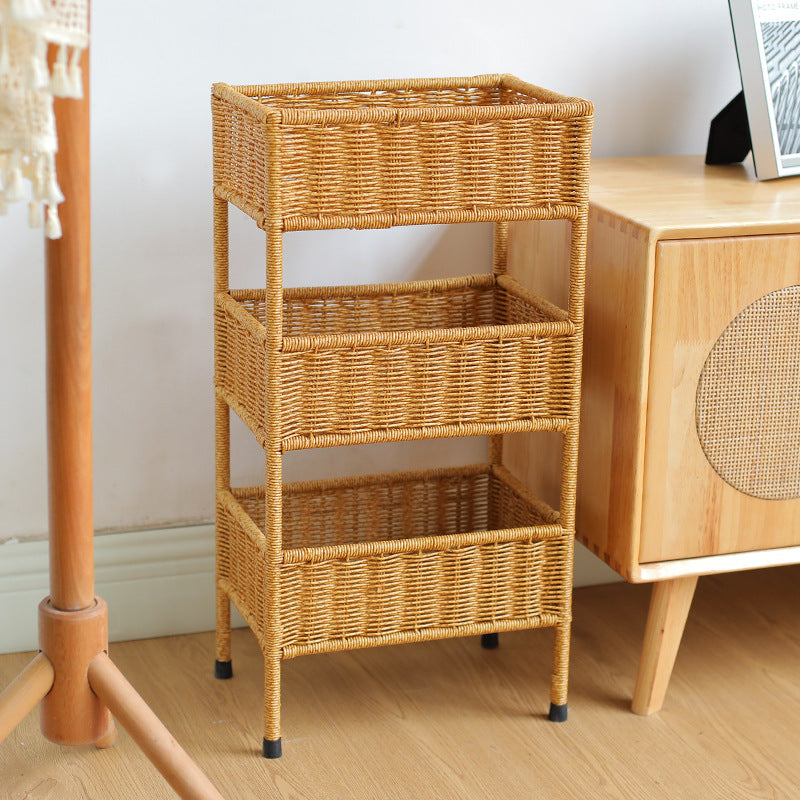 Light brown woven multi-tier storage rack, an eco-friendly home decor organizer perfect for sustainable living.