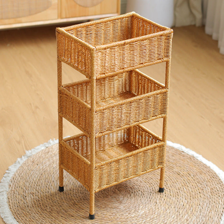 Unisex 3-tier woven storage rack, a natural basket organizer for stylish home storage in any room.