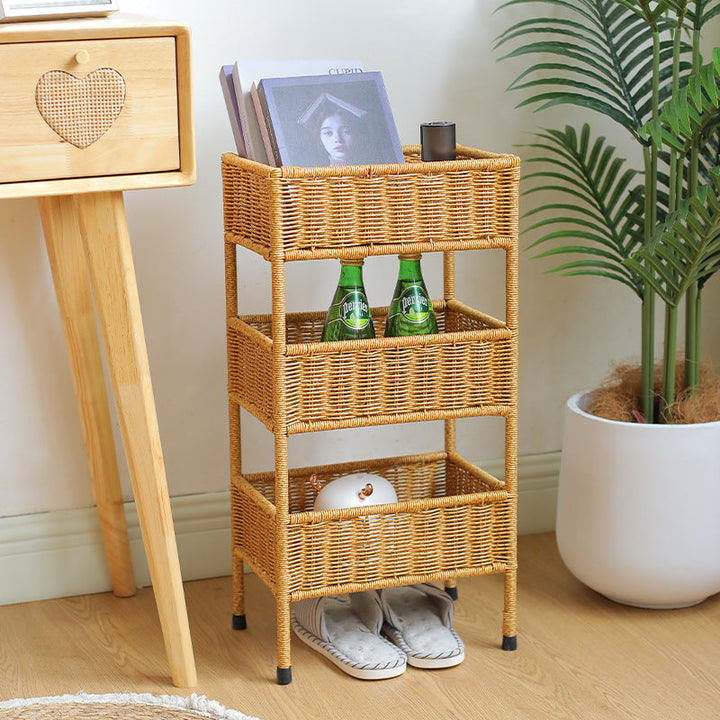 Decorative woven 3-tier storage rack, ideal for organizing household items and enhancing home decor naturally.