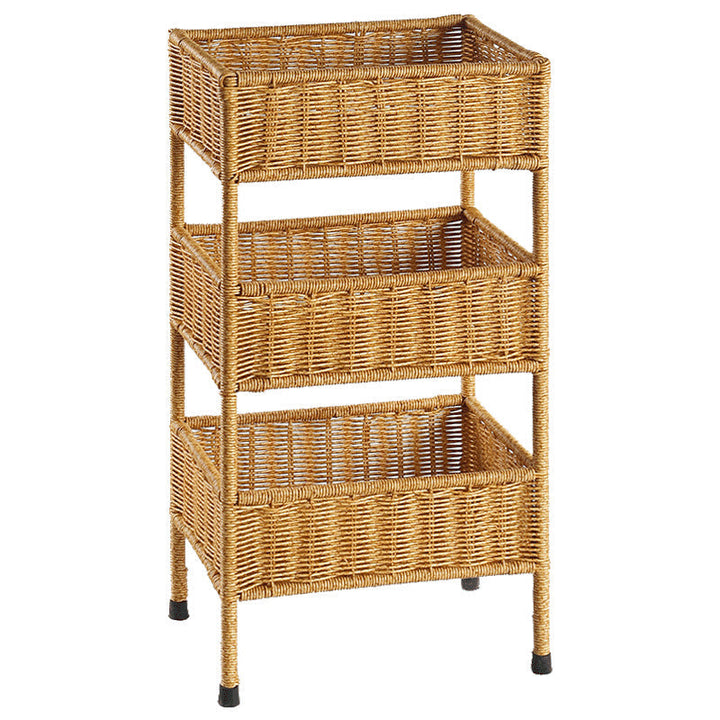 Sustainable natural woven 3-tier organizer rack with spacious baskets for living room or kitchen storage.