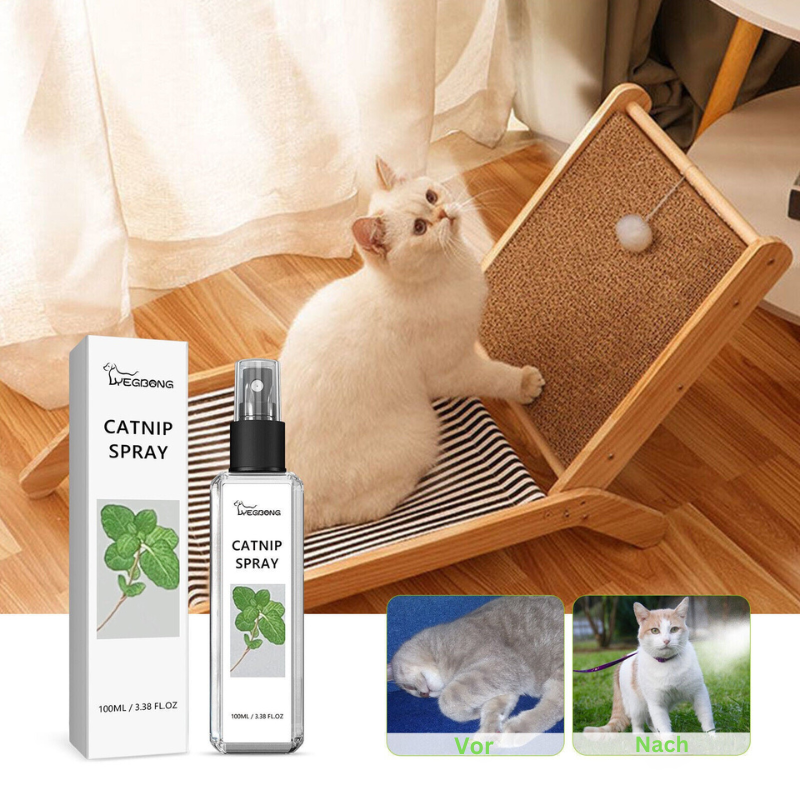 Natural Cat Play & Calming Spray with silvervine for feline wellness. Pet care stress relief & play enhancer.