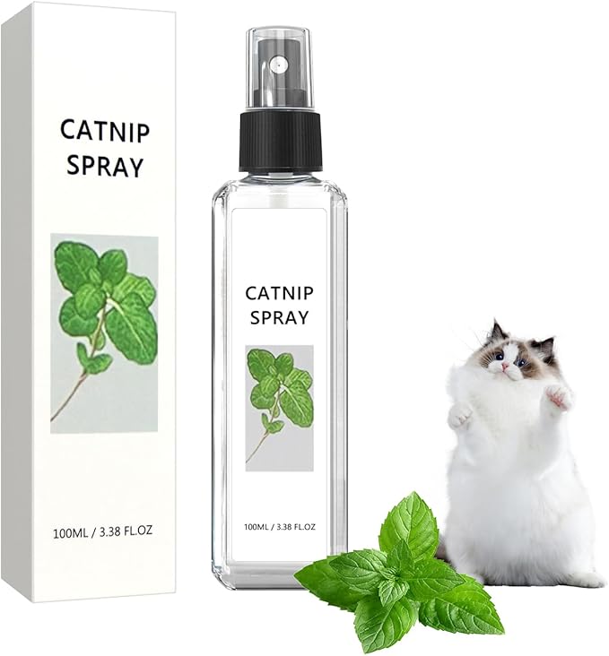 Natural Cat Play & Calming Spray for holistic feline wellness. Combines stress relief & play with silvervine.