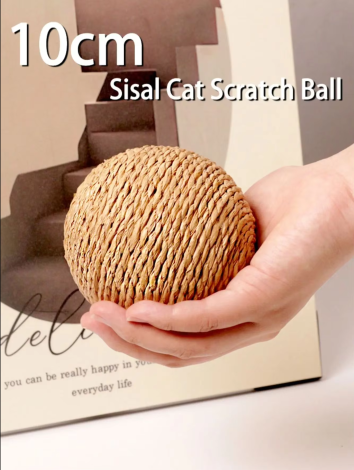 Durable natural sisal scratching ball for cats, a long-lasting pet toy promoting healthy claws & play.