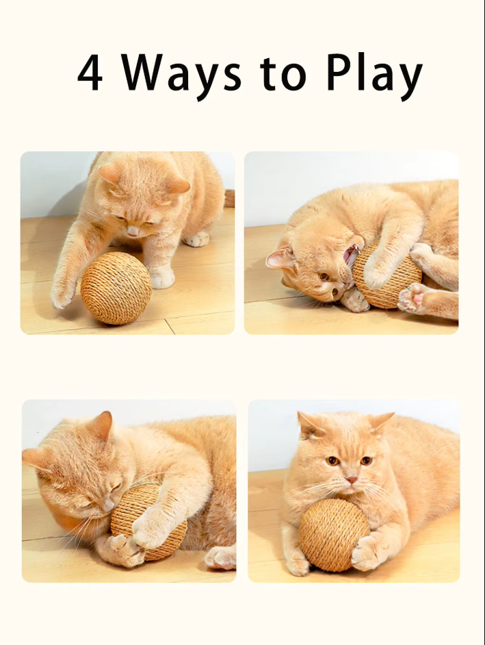 Engaging sisal scratching ball, a natural pet toy for cat enrichment, active play, and claw health.