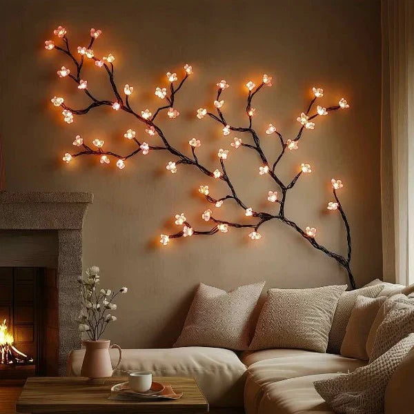 Nature-inspired LED branch wall art, providing ambient lighting for modern home decor.