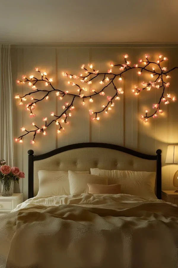 Close-up of modern LED branch wall art, showcasing its unique nature-inspired design and glow.
