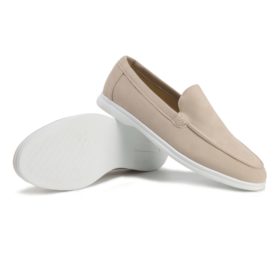Versatile khaki men's loafers, round toe slip-on style for relaxed, fashionable wear.