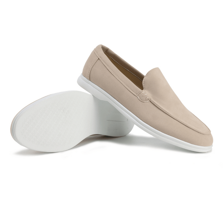 Versatile khaki men's loafers, round toe slip-on style for relaxed, fashionable wear.