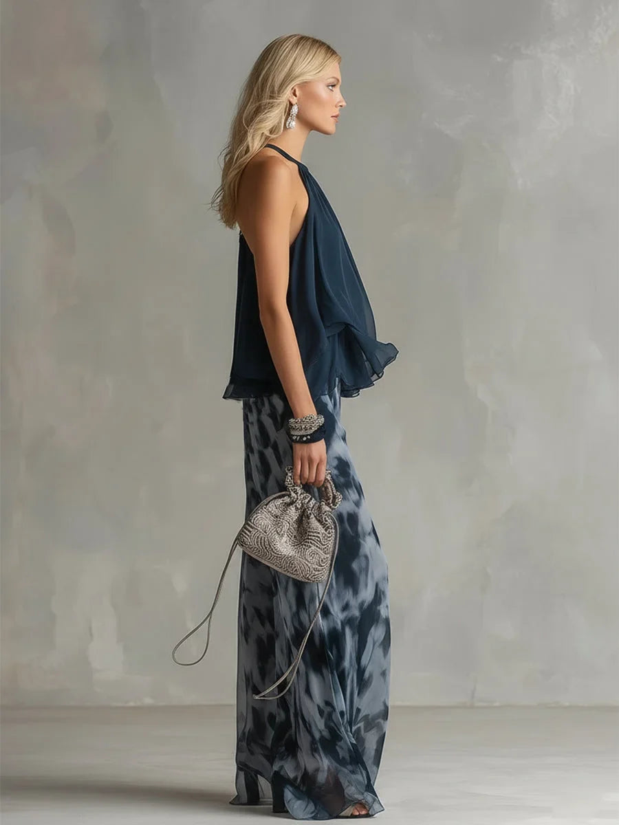Versatile women's navy tie-dye halter neck top & wide leg pants set. A stylish two-piece for summer fashion.