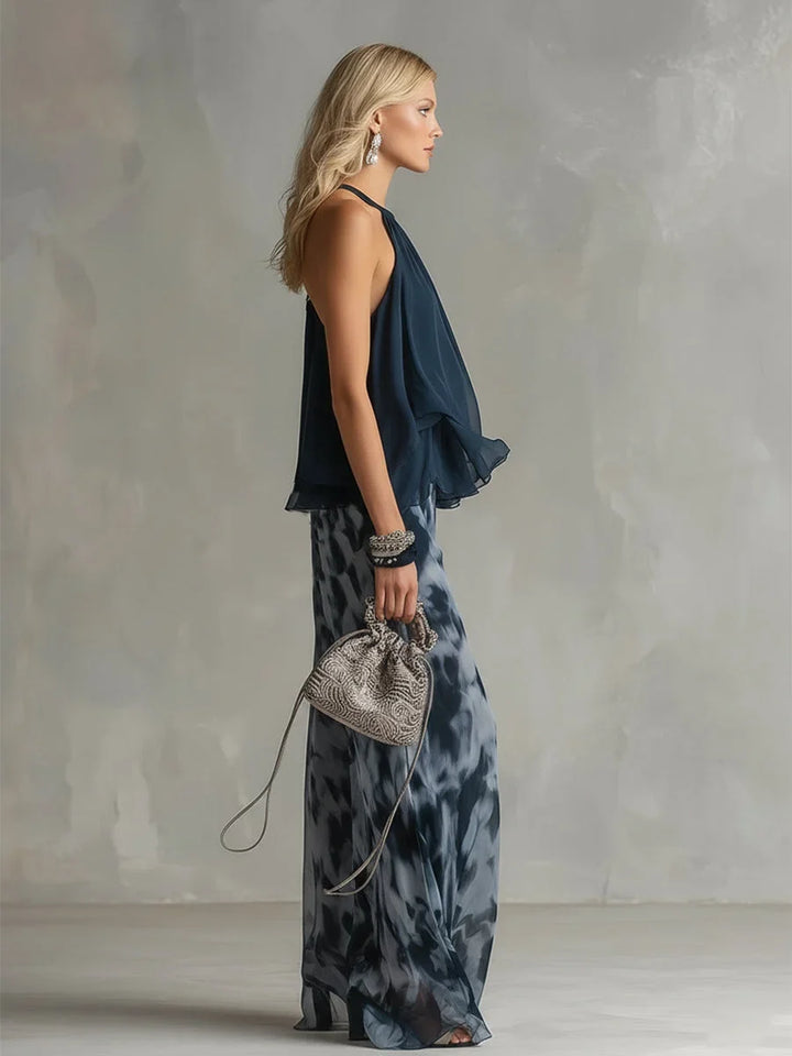 Versatile women's navy tie-dye halter neck top & wide leg pants set. A stylish two-piece for summer fashion.