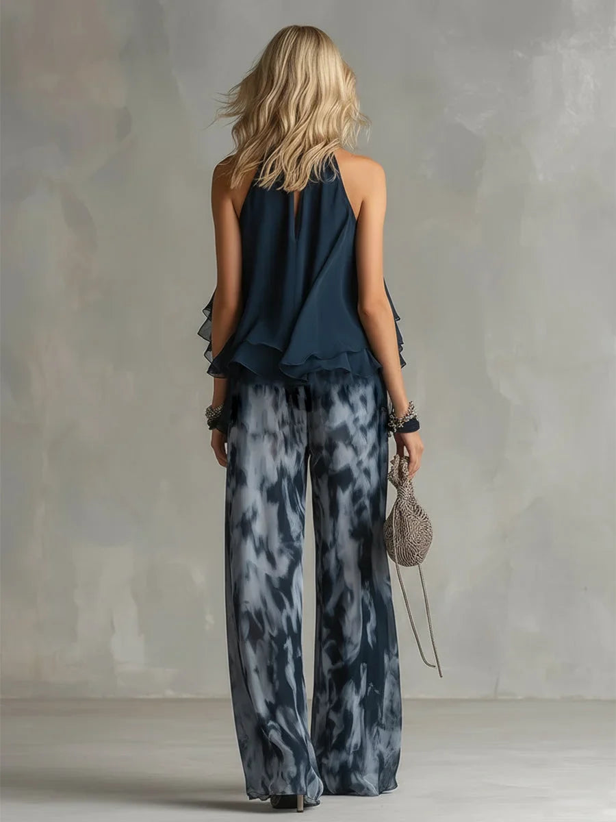 Comfortable navy tie-dye wide leg pants set with a halter neck top. Coordinated women's summer fashion.