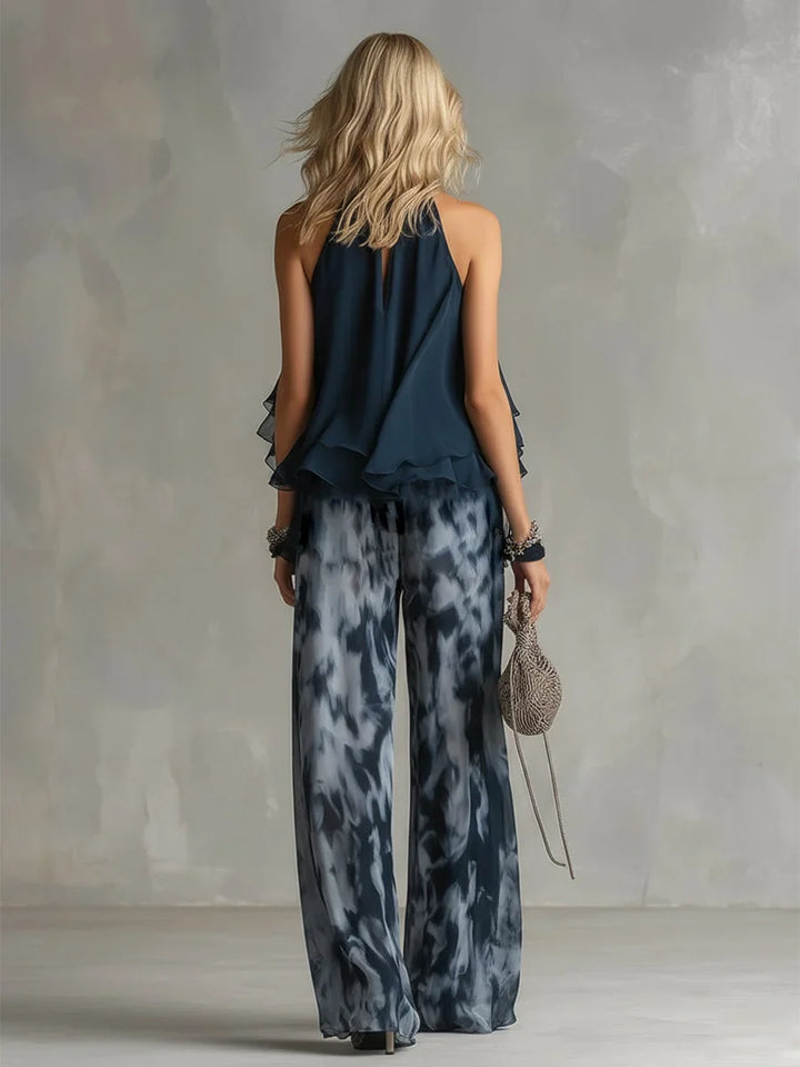 Comfortable navy tie-dye wide leg pants set with a halter neck top. Coordinated women's summer fashion.
