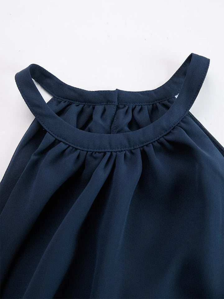 Casual chic navy tie-dye halter top and wide leg pant set for women, a comfortable and stylish summer look.