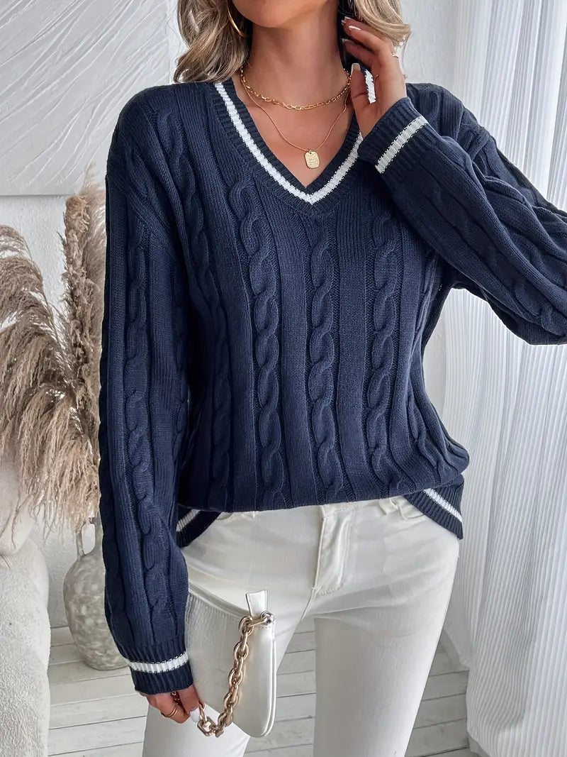 Preppy navy blue women's V-neck cable knit sweater with striped trim, a versatile long-sleeve top.