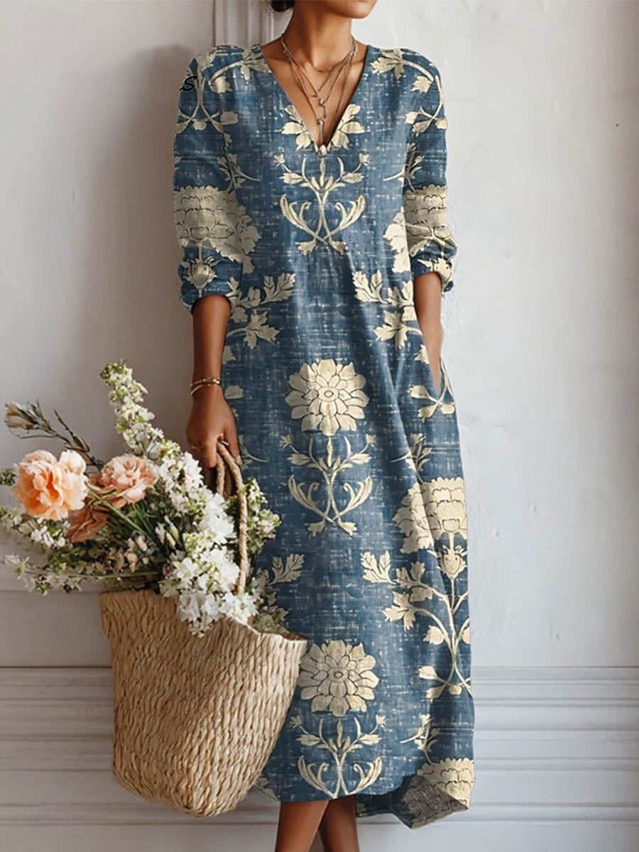 Navy blue Women's V-Neck Comfort Dress with short sleeves & pockets. Perfect for casual everyday wear.