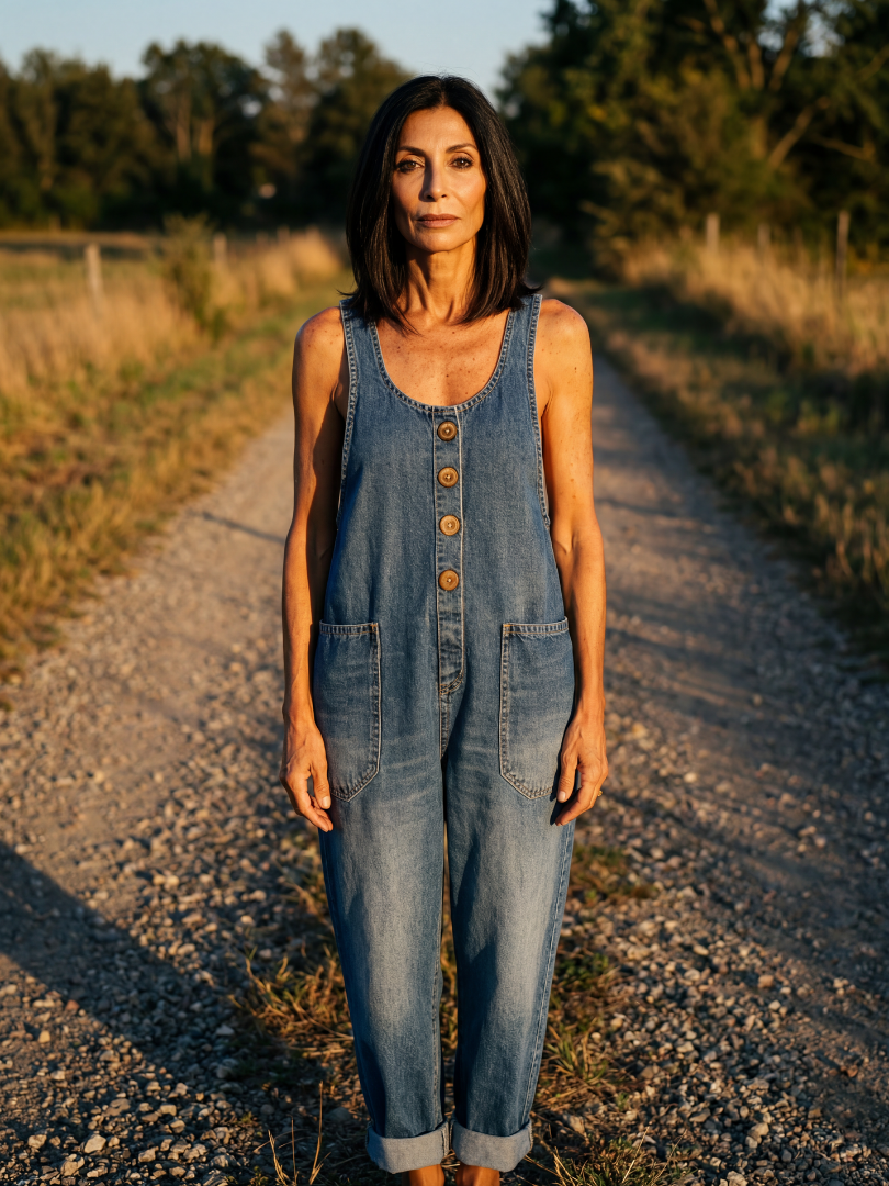 Navy women's relaxed fit jumpsuit with a stylish rooster motif print, perfect for casual everyday wear.