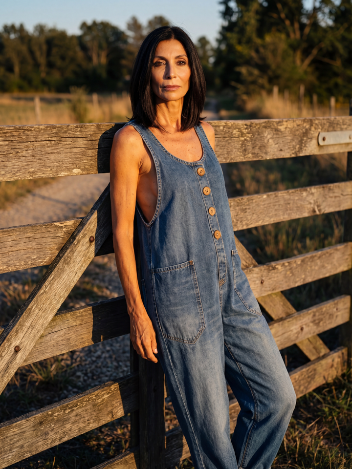 Comfortable women's relaxed navy jumpsuit featuring a unique rooster print, ideal for stylish off-duty fashion.