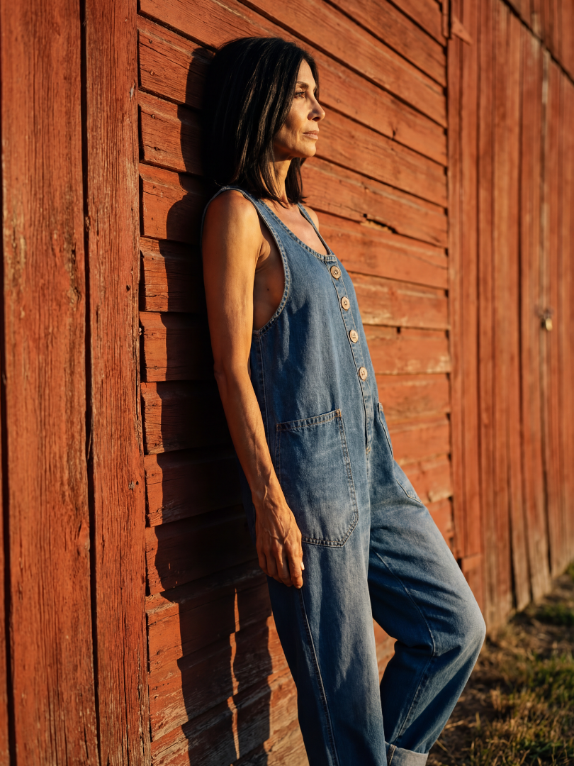 Chic women's navy jumpsuit with a distinctive rooster motif. This relaxed fit piece is perfect for casual fashion.