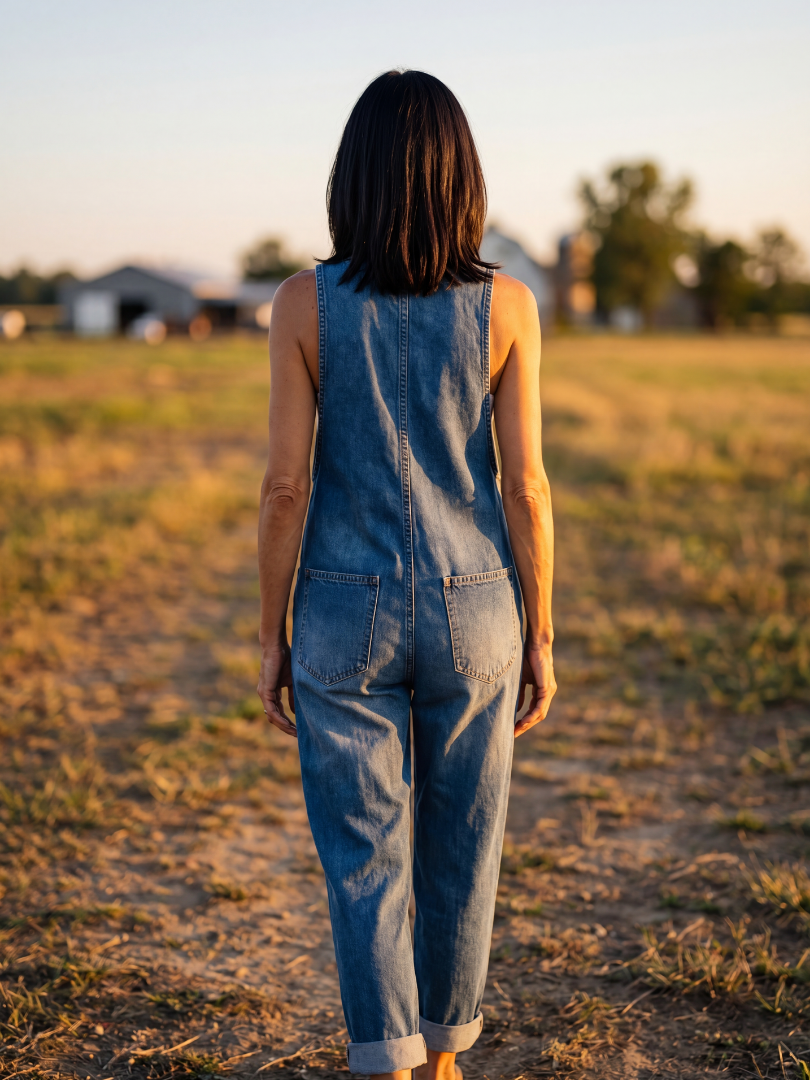 Full-length women's navy relaxed fit jumpsuit showcasing a fun rooster print, blending comfort with casual fashion.