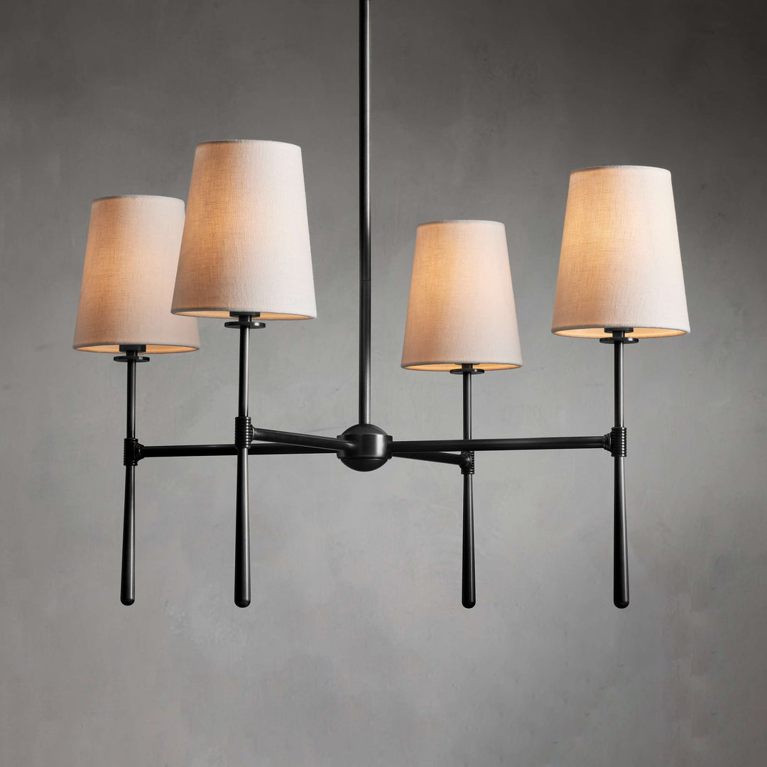 Black Nevell mid-century modern chandelier; sleek design, great for dining tables.