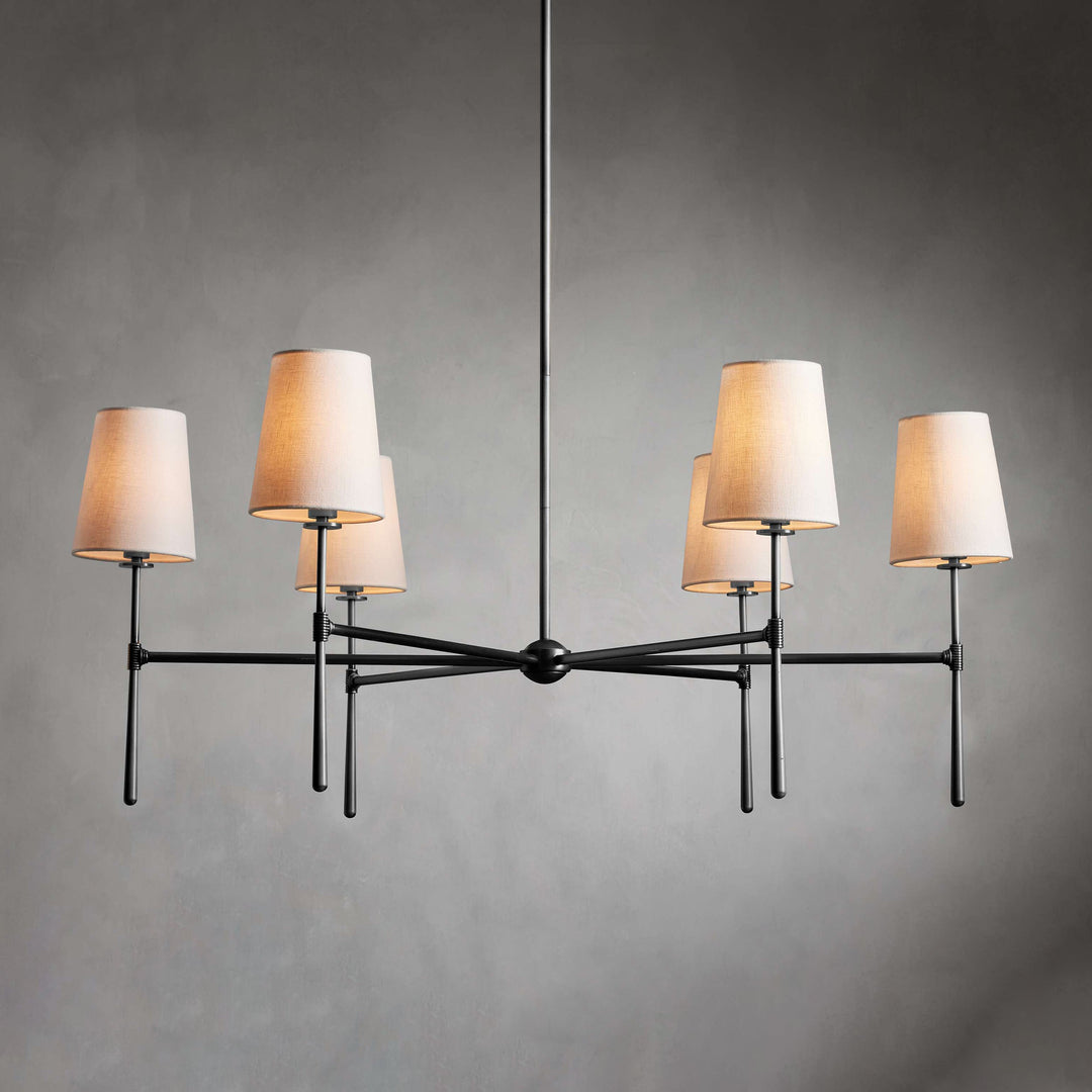 Dining room Nevell chandelier; black modern fixture, focal point for gatherings.
